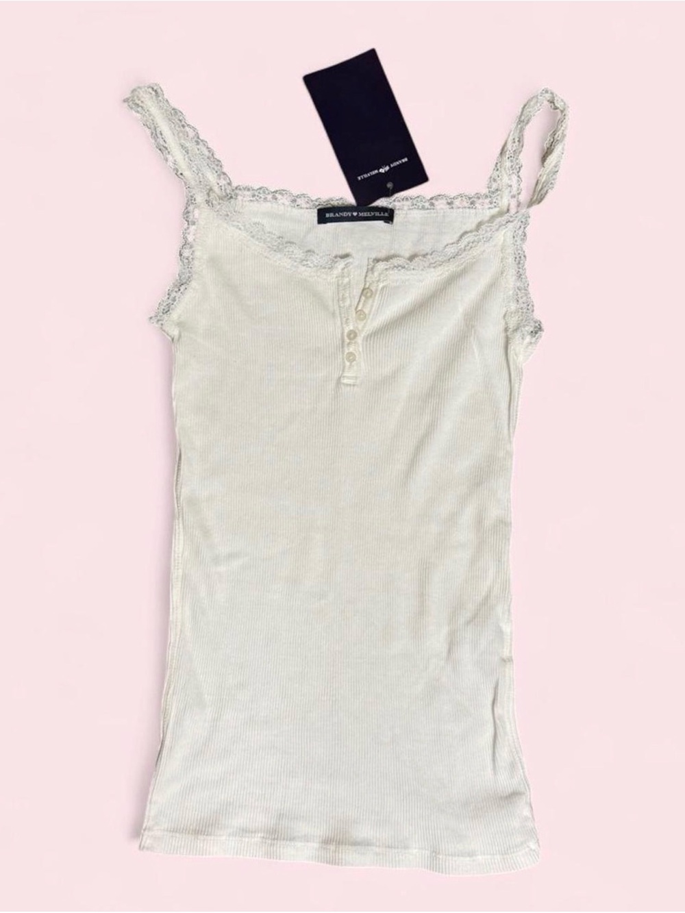 Brandy Melville White Lace Trim Henley Tank Top Cami
